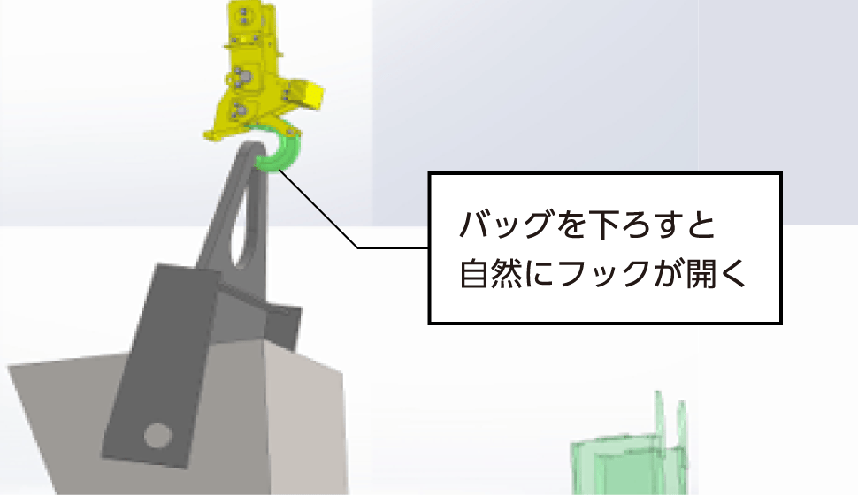 説明イラスト「バッグを下ろすと自然にフックが開く」